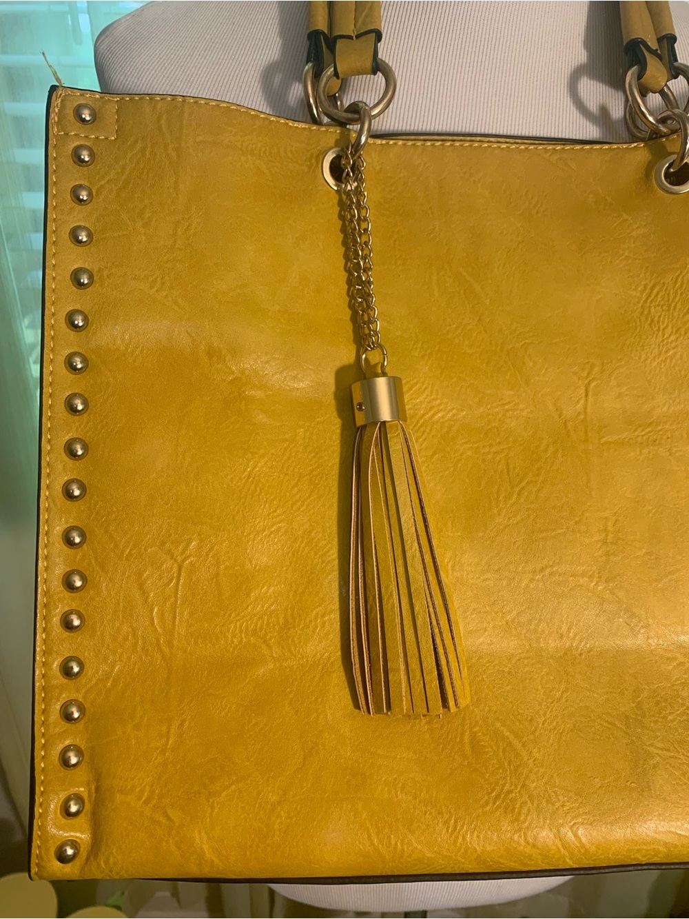 Yellow Stud-Trim Tote Bag with Tassel - Picture 2 of 8